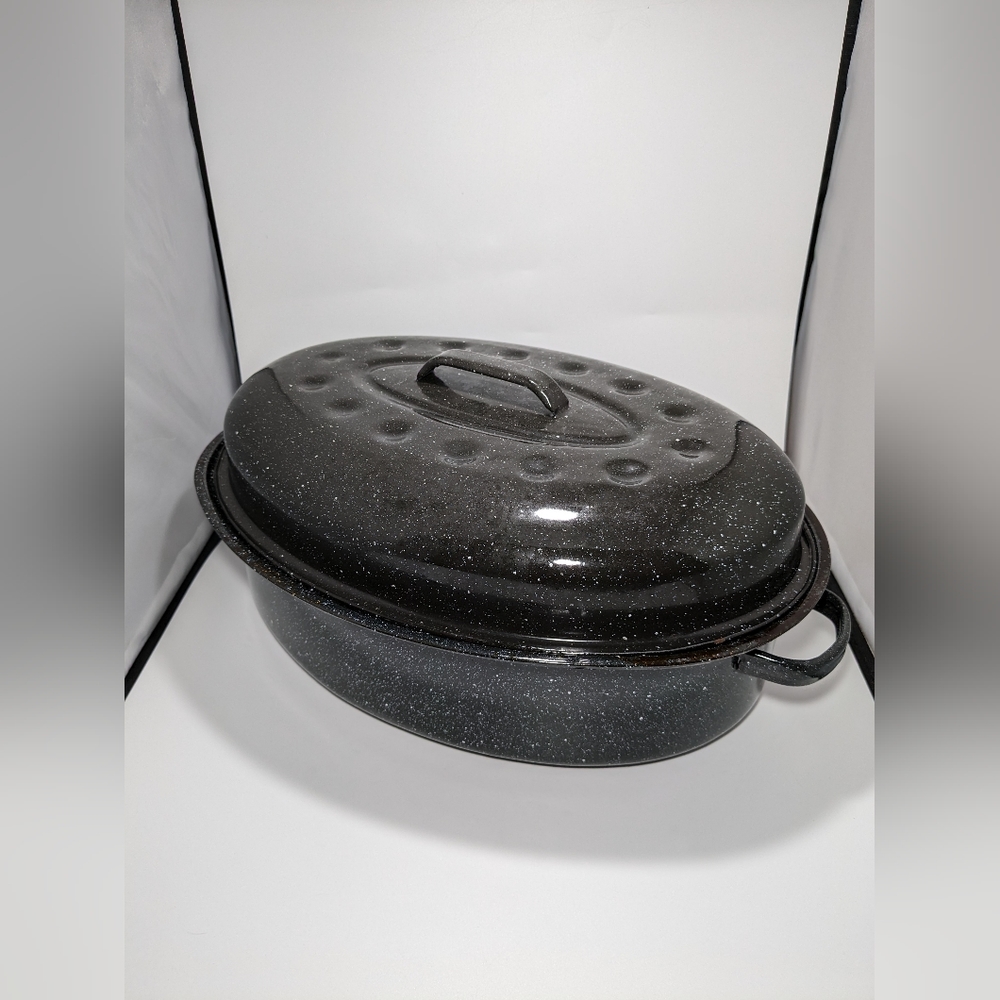 Vintage Black Enamel Speckled Oval Roasting Pan W/Handles & Lid 14 x 10 - Picture 8 of 9